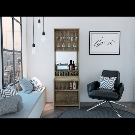 Tuhome Prana Bar Cabinet, Two Shelves, Five Built-in Wine Rack, Double Door, Light Oak BLD5570